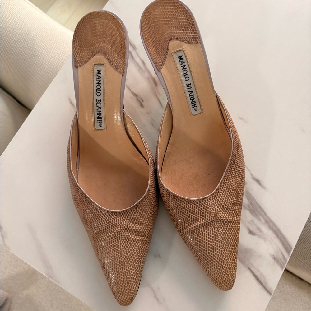 Manolo Blahnik Textured Tan Mules
